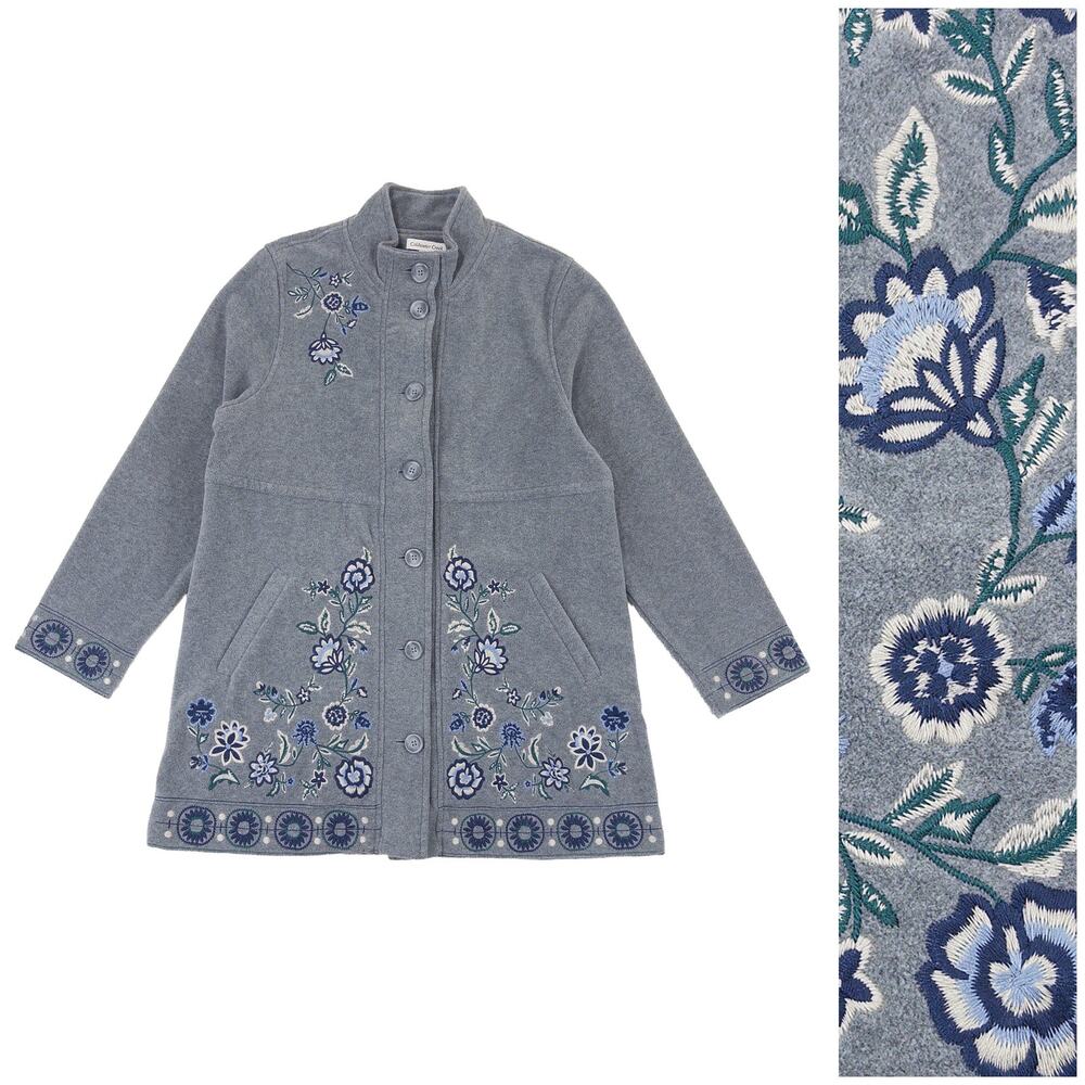 Coldwater Creek Embroidered Fleece Coat Womens M Gray Blue Folk Boho Grandmacore